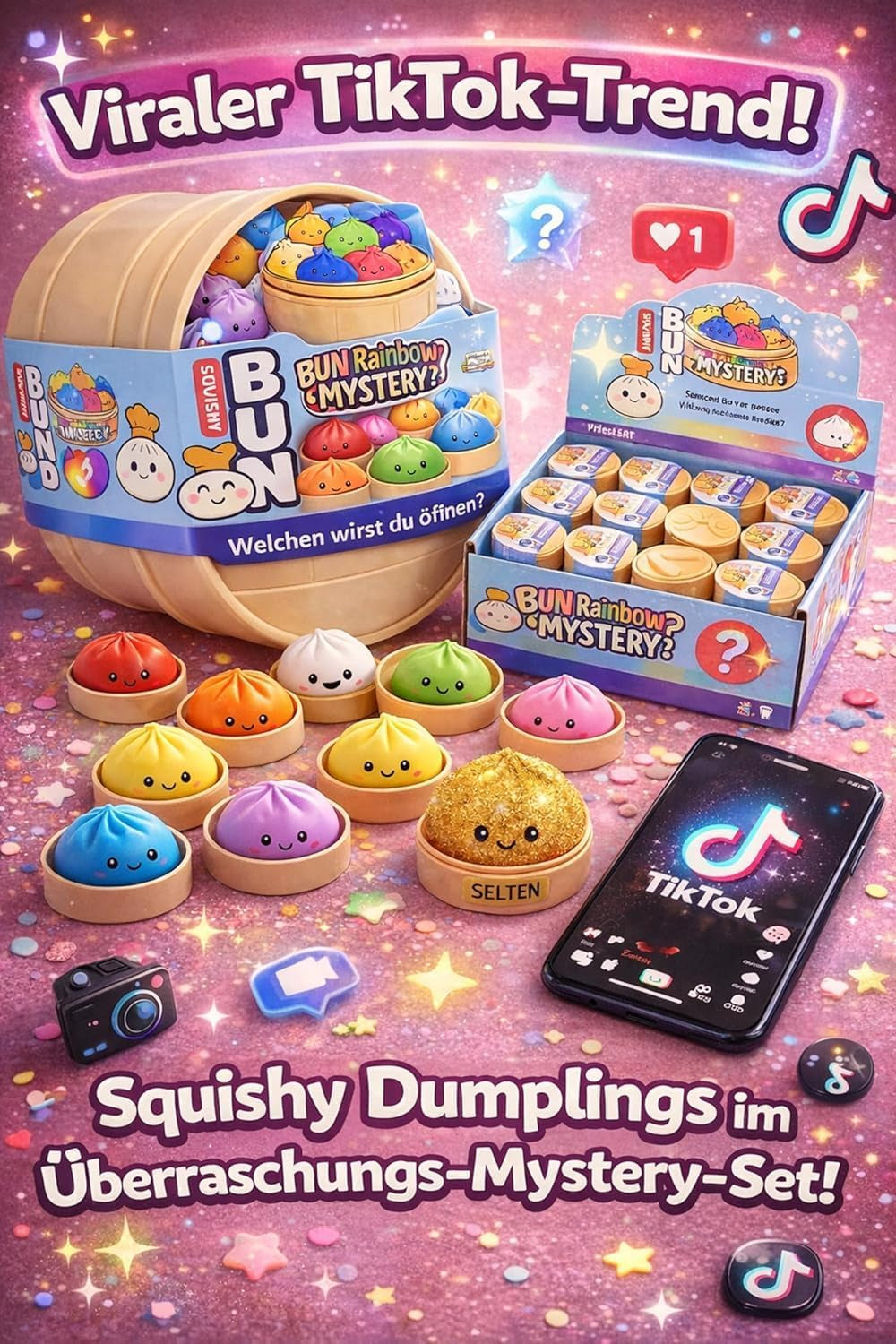 Squishy Dumpling XXL Viral Mystery | Tiktok Trend Überraschungs Anti-Stress Spielzeug Für Kinder | Super Weiche Squishys Dumplings Zum Sammeln | Cute Steamed Buns | Inkl. CLXO Versandschutz